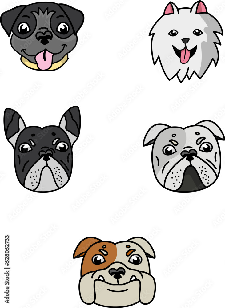 Fototapeta Cartoonish Black French Bulldog, brown english bulldog, white samoyed, black pug Logo. This is Series in portrait photo style. Graphic for logo, signage, card, greeting card, patterns, wallpaper