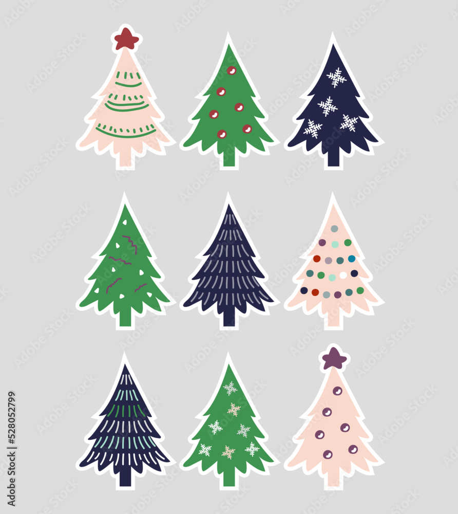 Modern and flat design, collection of Christmas trees. Can be used for printed and web materials - leaflets, posters, business cards, banners, greeting cards.