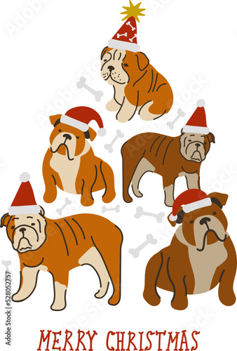 Abstract Christmas tree. Vector illustration. Merry Christmas greeting card with cute funny brown bulldog dogs wearing winter hats. Cute funny dogs. Character design.