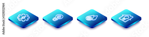 Set Isometric line Gear and lightning, Light bulb with leaf, Water energy and Smart house icon. Vector