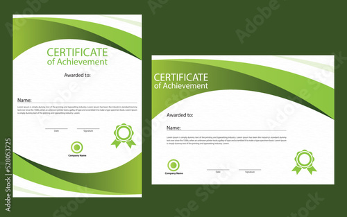 Certificate template with deep green gradient color. Multipurpose and elegant design, set vertical and horizontal certificate template, Green color elegant shape composition