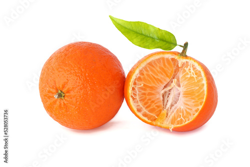 Tangerine and half with leaf isolated on white