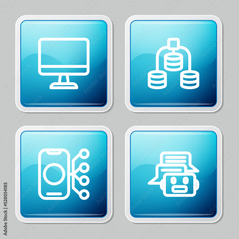 Set line Computer monitor, Server, Data, Neural network and Chat bot icon. Vector Set line Computer monitor, Server, Data, Neural network and Chat bot icon. Vector