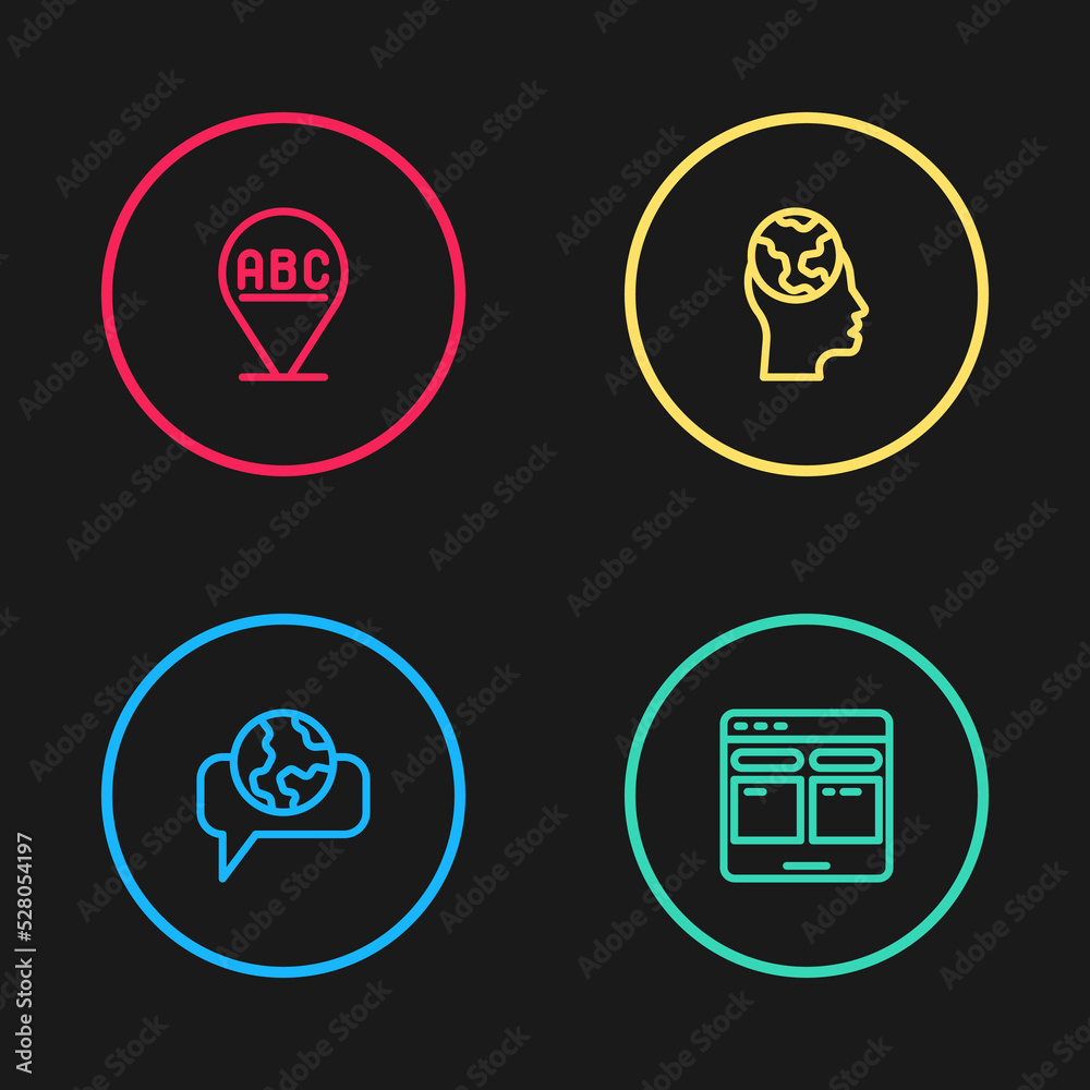 Set line Learning foreign languages, Online translator, and Alphabet icon. Vector Set line Learning foreign languages, Online translator, and Alphabet icon. Vector
