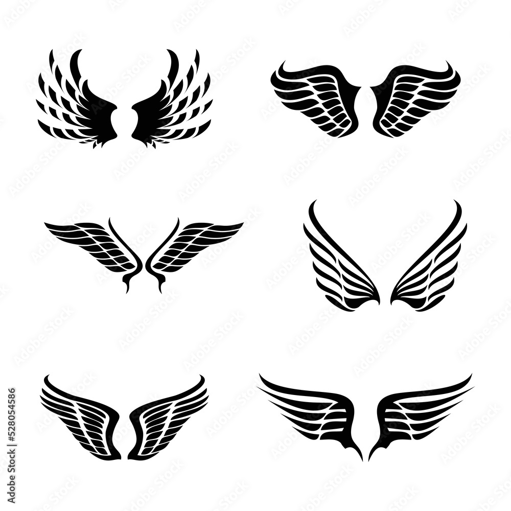 Set of black wings icons. Wings badges. Collection wings badges. Vector illustration. Set of black wings icons. Wings badges. Collection wings badges. Vector illustration.