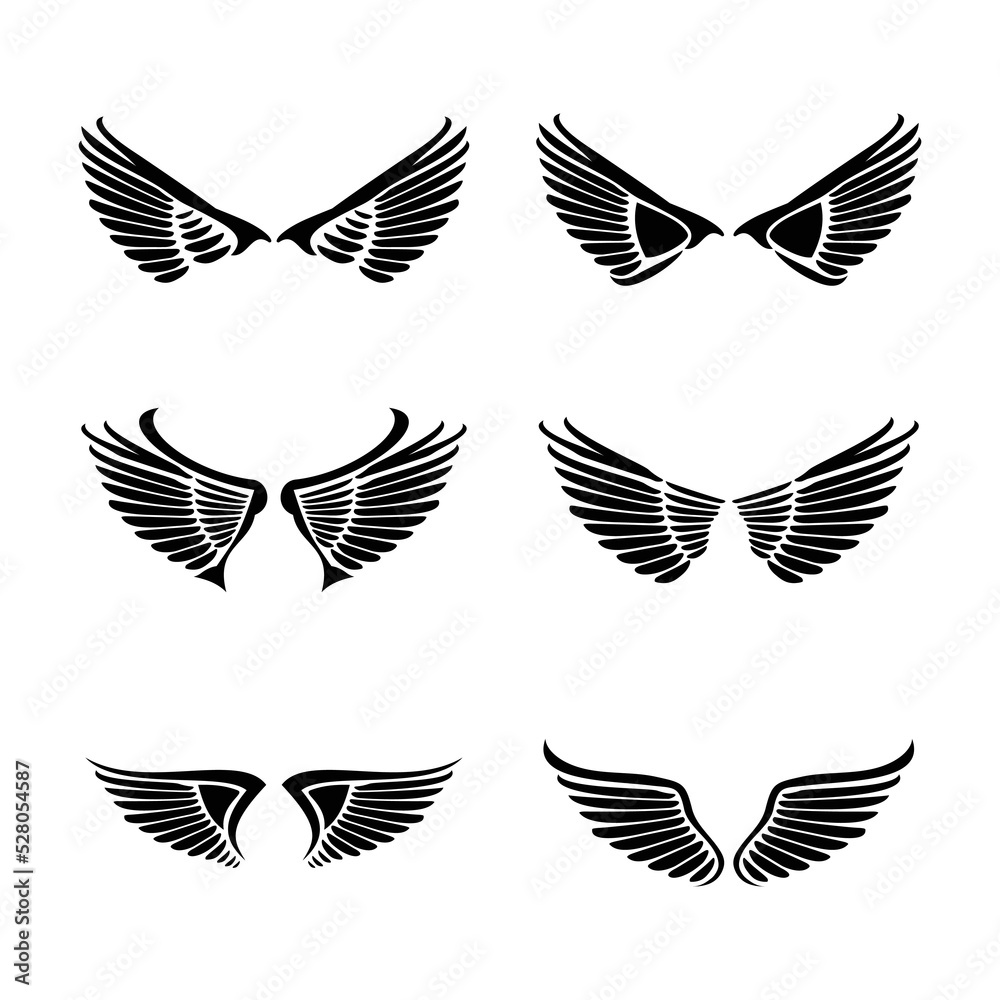 Set of black wings icons. Wings badges. Collection wings badges. Vector illustration.