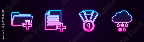 Set line Add new folder, file, Medal and Cloud with snow and rain. Glowing neon icon. Vector