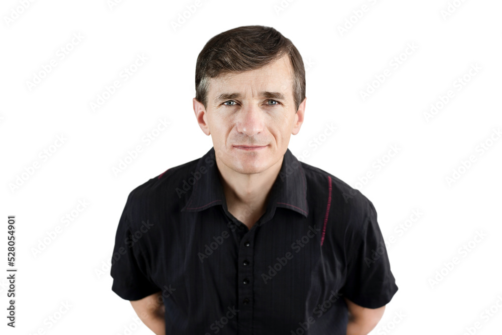 A mature man in a black t-shirt on a white background, the man has an alert look as if he is waiting for something, looking at news or a certain product, isolated A mature man in a black t-shirt on a white background, the man has an alert look as if he is waiting for something, looking at news or a certain product, isolated