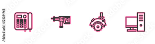 Set line Telephone, Electric circular saw, Rotary hammer drill machine and Computer monitor icon. Vector