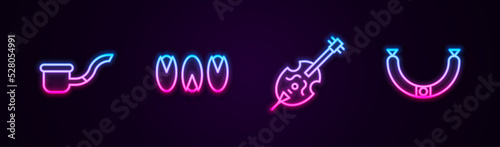 Set line Smoking pipe, Pistachio nuts, Violin and Sausage. Glowing neon icon. Vector