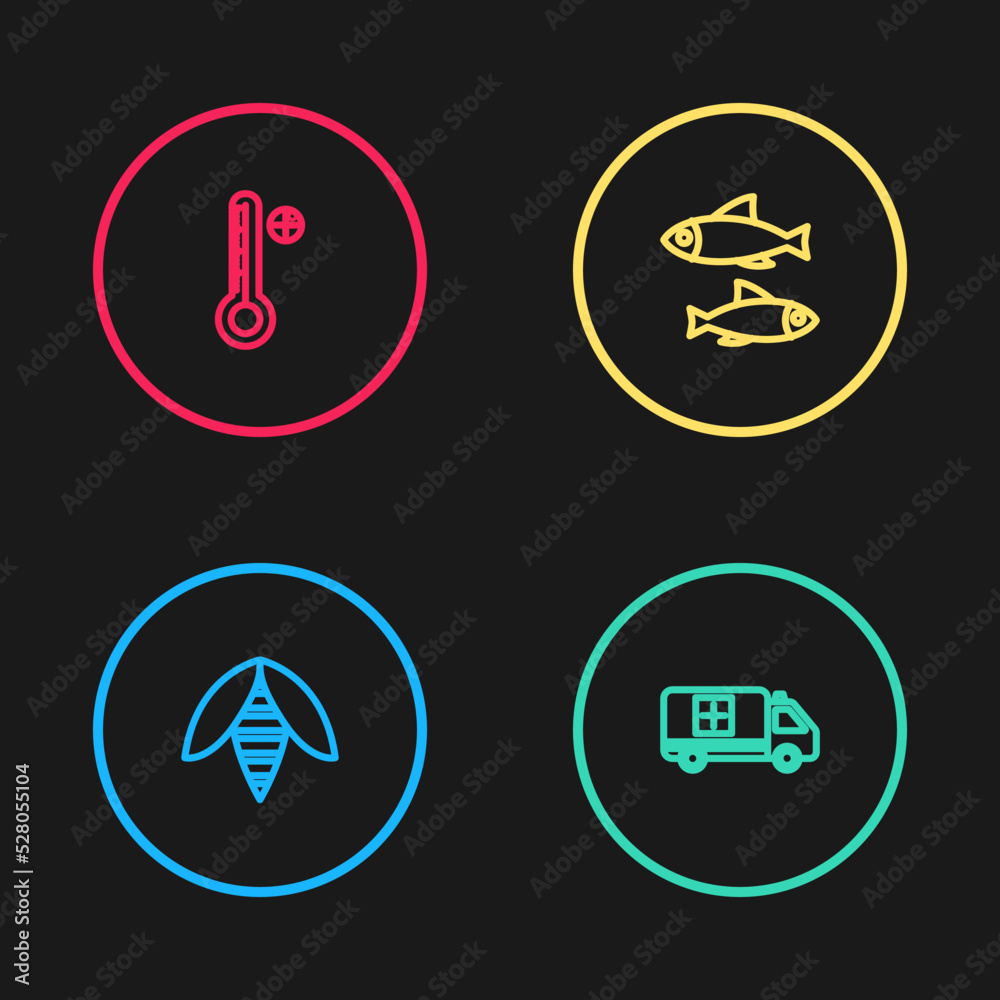 Set line Bee, Emergency car, Fish and Medical digital thermometer icon. Vector Set line Bee, Emergency car, Fish and Medical digital thermometer icon. Vector