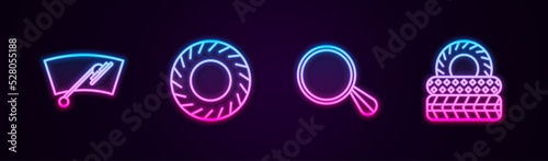 Set line Windscreen wiper, Car tire, mirror and . Glowing neon icon. Vector