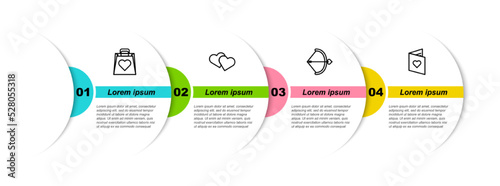 Set line Shopping bag with heart, Heart, Bow and arrow and Valentines day flyer. Business infographic template. Vector