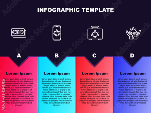 Set line Cannabis molecule, Mobile and marijuana or cannabis, Shopping box of and Marijuana leaf. Business infographic template. Vector