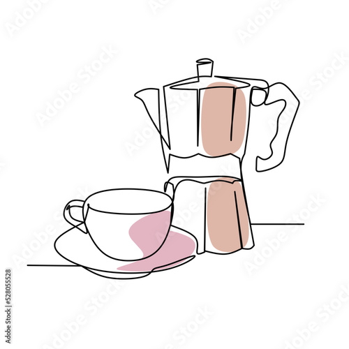 Vector illustration of coffee pot and cup in line art style