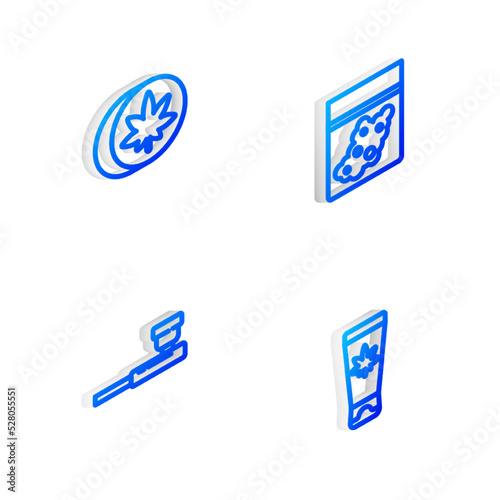 Set Isometric line Plastic bag of cannabis, Herbal ecstasy tablets, Smoking pipe and Medical cream with marijuana icon. Vector