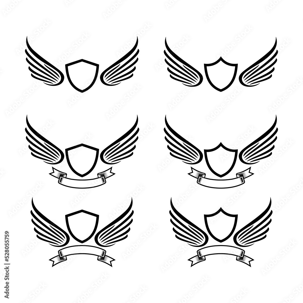 Set of black wings icons. Wings badges. Collection wings badges. Vector illustration. Set of black wings icons. Wings badges. Collection wings badges. Vector illustration.
