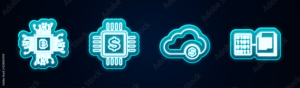 Set line CPU mining farm, Processor chip with dollar, Cryptocurrency cloud and Smart contract. Glowing neon icon. Vector Set line CPU mining farm, Processor chip with dollar, Cryptocurrency cloud and Smart contract. Glowing neon icon. Vector