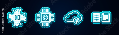 Set line CPU mining farm, Processor chip with dollar, Cryptocurrency cloud and Smart contract. Glowing neon icon. Vector