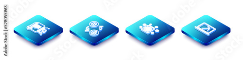 Set Isometric line Smart contract, Cryptocurrency exchange, ASIC Miner and Mining with laptop and pickaxe icon. Vector