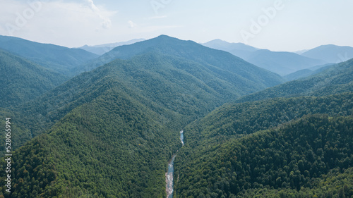 Aerial mountain landscape and river natural scenery in Russia, Adygea, Guzeripl, Plateau Lago-Naki. photo