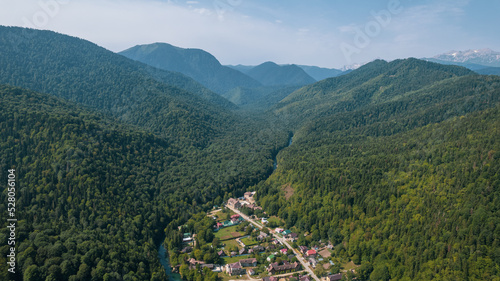 Aerial mountain landscape and river natural scenery in Russia, Adygea, Guzeripl, Plateau Lago-Naki. photo