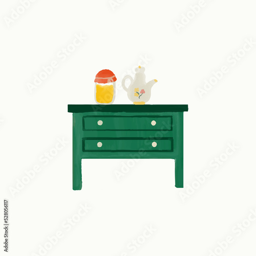 Hand drawn commode . Vintage chest of drawers, old green colors.Watercolor Vector illustration