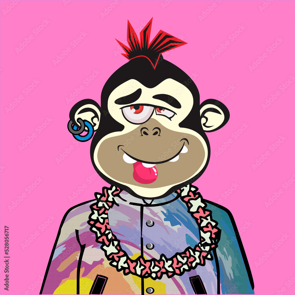 Monkey Art Punk  with different emotion character. Unique property used like  abstract pattern clothe, hair punk,  Glasses, Hat colour, and bandana and pastel colour background