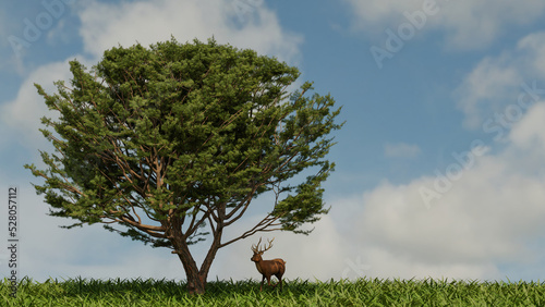 A red deer under a tree, 3d rendering