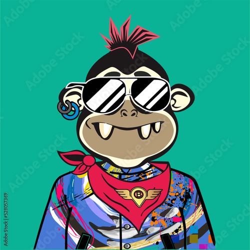 Monkey Art Punk with different emotion character. Unique property used like abstract pattern clothe, hair punk, Glasses, Hat colour, and bandana and pastel colour background