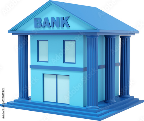 Blue bank building with columns. PNG transparent background. 3d rendering.