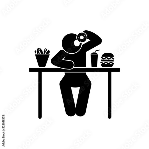 man eating sitting at the table, fast food illustration, icon isolated on white