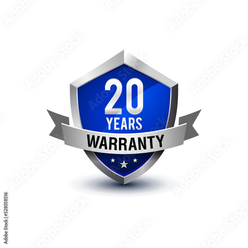 20-Year warranty powerful silver color shield badge with ribbon isolated on white background. Vector illustration. 
