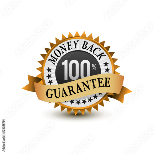 Very powerful golden color 100% money back guarantee badge, icon, label, sign with ribbon isolated on white background. Vector illustration. 
