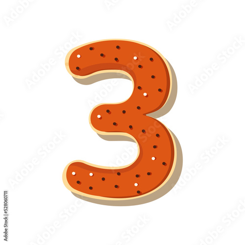 Vector number three for kids. A number in the shape of a donut with orange icing and round sprinkles for arithmetic or holiday decorations. 
