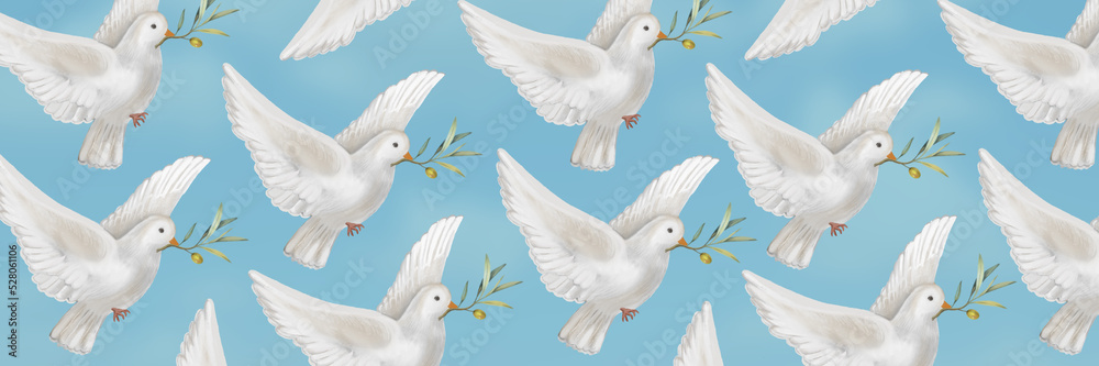 Fototapeta premium Horizontal pattern with doves of peace. White dove on a blue background. For religious communities, temples, churches.
