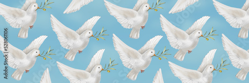 Horizontal pattern with doves of peace. White dove on a blue background. For religious communities, temples, churches.