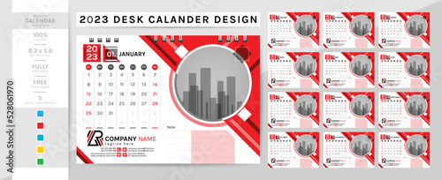 creative Elegant desk Calendar template for the 2023 year. Planner diary in a minimalist and unique shape 2 theme colorwork style, black and others. Week Starts Sunday and Set of 12 months 12 pages.
