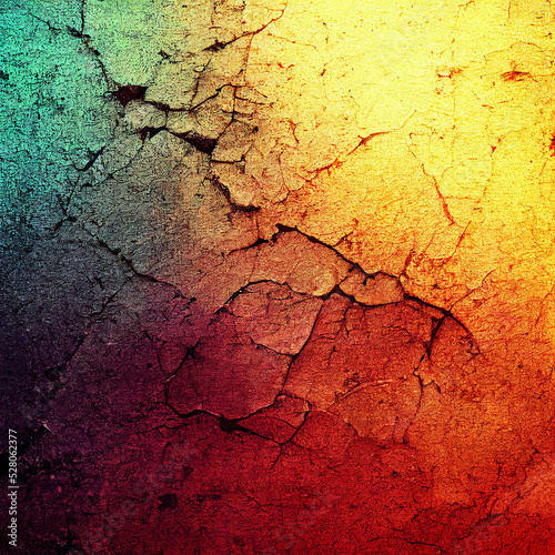 A red, orange and blue, green abstract distressed grunge textured surface background with crack detail. A.I. generated art.