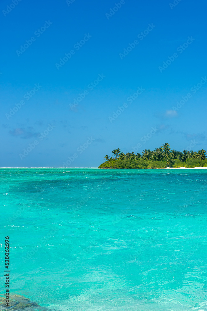 Maldives: Desert island with palms, turquoise sea and blue sky on Ari Atoll