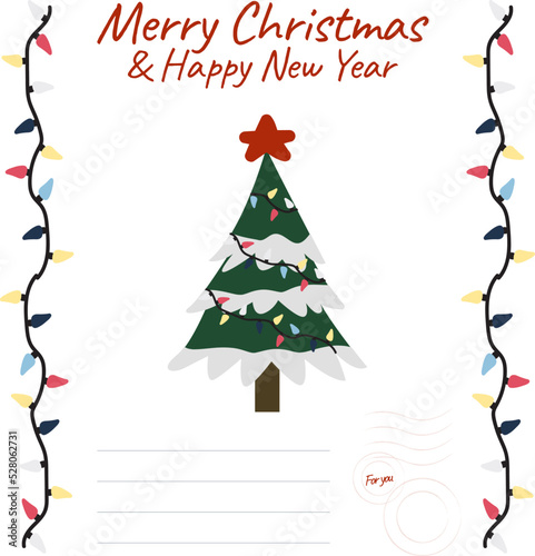 Holiday postcard with Christmas tree going down to the chimney, stocking X-mas greeting card.
