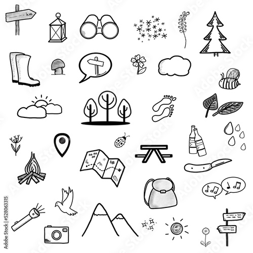 35x Wandern - Set - Icons Grafiken Zeichen Symbole Sketchnotes