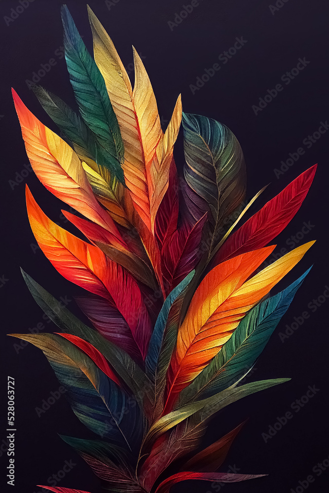 Colourful tropical feathers, textured painting, a digital artwork with vibrant colours