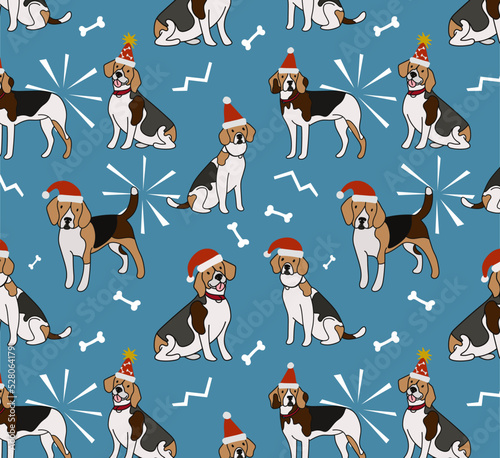 Dog seamless pattern Christmas vector beagle Santa Claus paw footprint gift box scarf isolated cartoon repeat background tile wallpaper illustration design