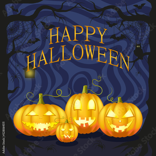 Happy Halloween pumpkins  spiders and bats background.