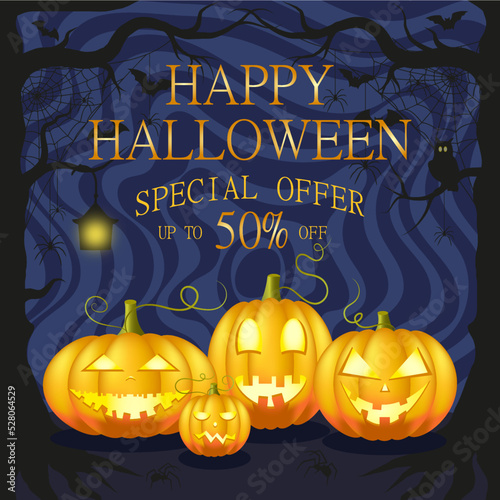 Halloween Sale Promotion Poster with pumpkins, spiders and bats. Special offer with up to 50% discount.