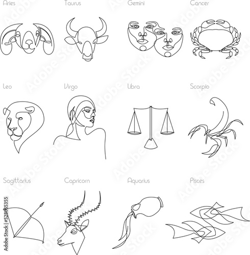 One line Zodiac icon signs. Vector illustration.