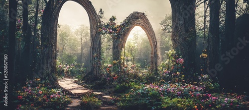 Tela Spectacular archway covered with vine in the middle of fantasy fairy tale forest landscape, misty on spring time