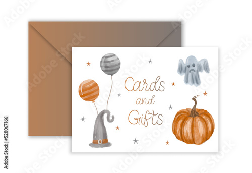 Cards and Gifts Watercolor baby shower halloween cute invitation party or celebration template design.