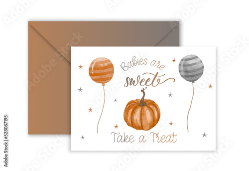 Babies are sweet Take a Treat. Watercolor baby shower halloween cute invitation party or celebration template design.